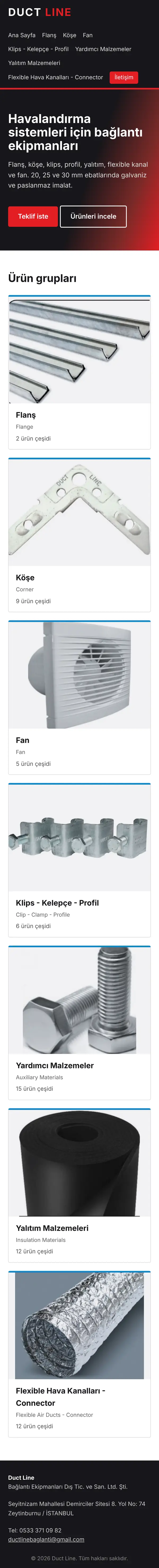 Duct Line anasayfasının mobil görünümü