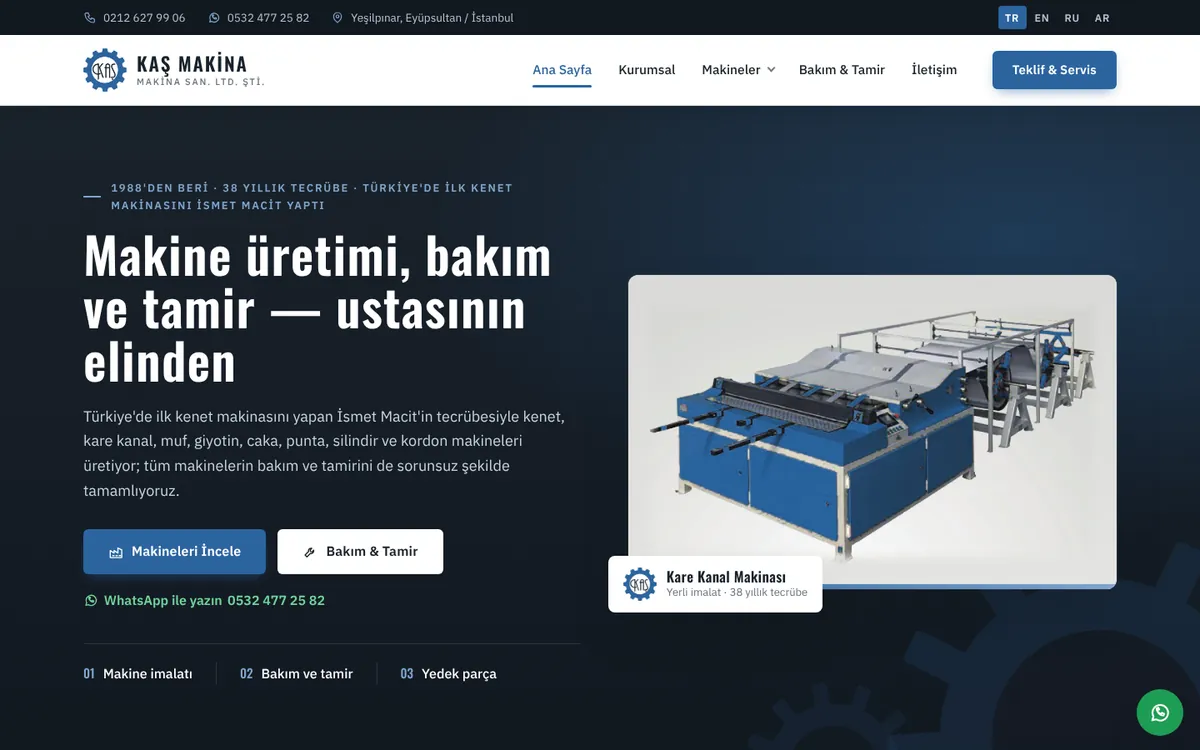 Kaş Makina web sitesinin anasayfası