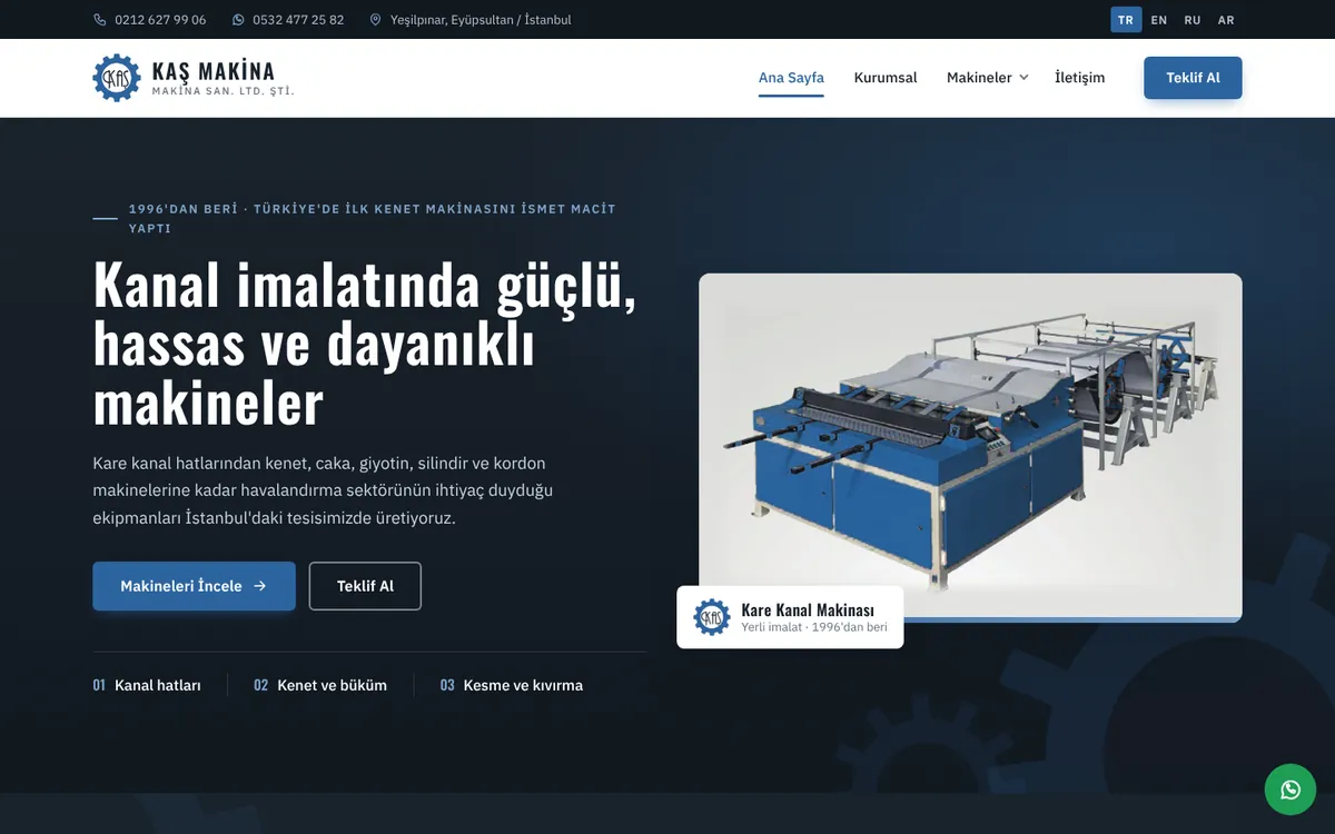 Kaş Makina web sitesinin anasayfası