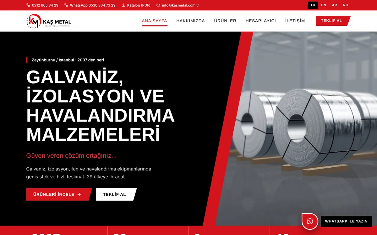 Kaş Metal web sitesinin anasayfası