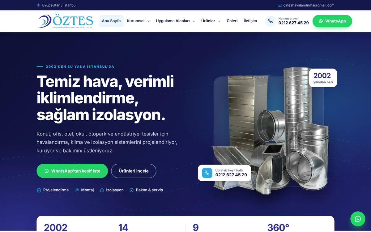 Öztes Havalandırma web sitesinin anasayfası