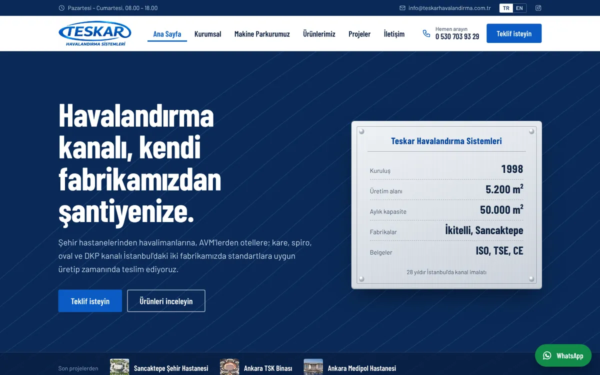 Teskar Havalandırma web sitesinin anasayfası